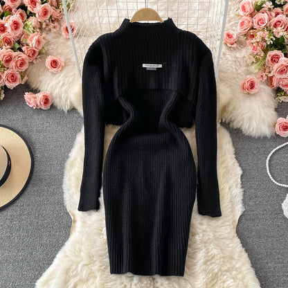 Schwarzes Strickkleid mit langen Ärmeln, elegantes Design, Damenmode, Herbst-Winter-Outfit.