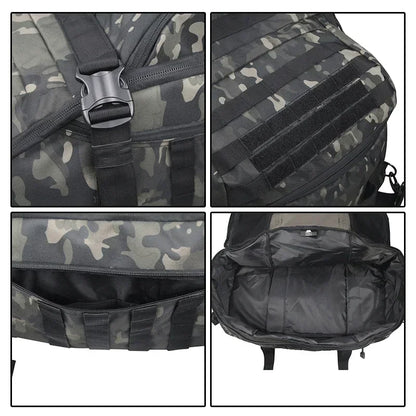 Taktischer Rucksack, Camouflage, robust, mit mehreren Fächern, ideal für Outdoor-Aktivitäten.