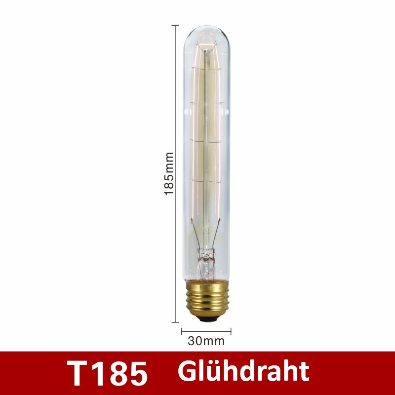 T185 Glühdraht-Glühbirne, 185mm, 30mm, transparent, E27-Sockel, Vintage-Design.