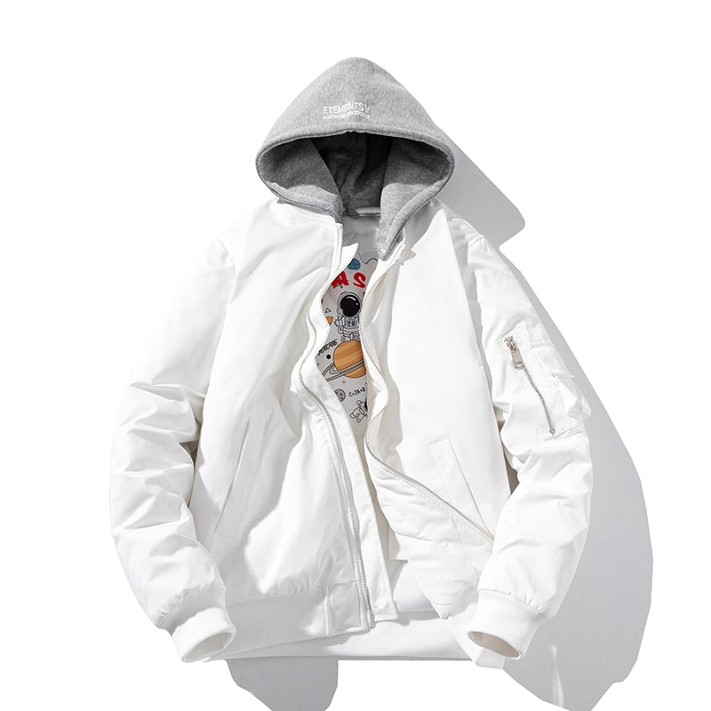 Weiße Bomberjacke mit grauem Kapuzenpullover, Baumwolle, lässig, Herrenmode, Streetwear.