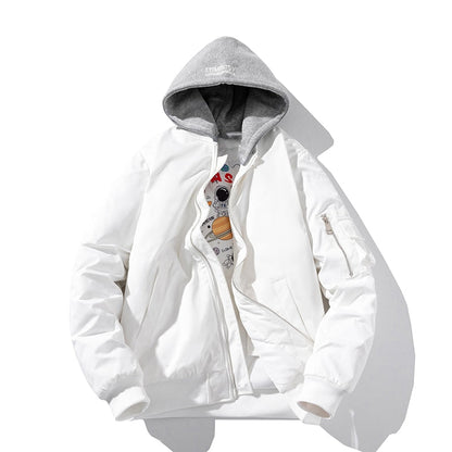 Weiße Bomberjacke mit grauem Kapuzenpullover, Baumwolle, lässig, Herrenmode, Streetwear.