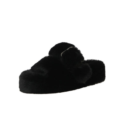 Schwarze Plüsch-Hausschuhe, Damen, flauschig, warm, rutschfest, gemütlich, Wintermode.