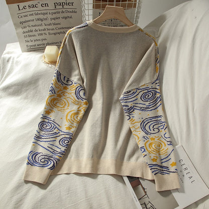 Beige Pullover mit buntem Muster, Langarm, Baumwolle, modisch, für Damen, Rückansicht.