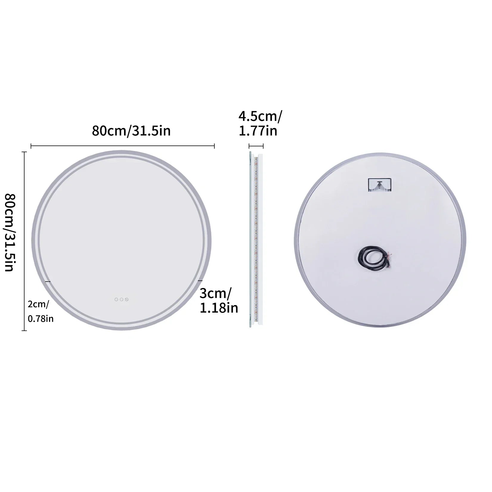 Runder LED-Spiegel 80cm, dimmbar, Touch-Schalter, energiesparend, modernes Design.