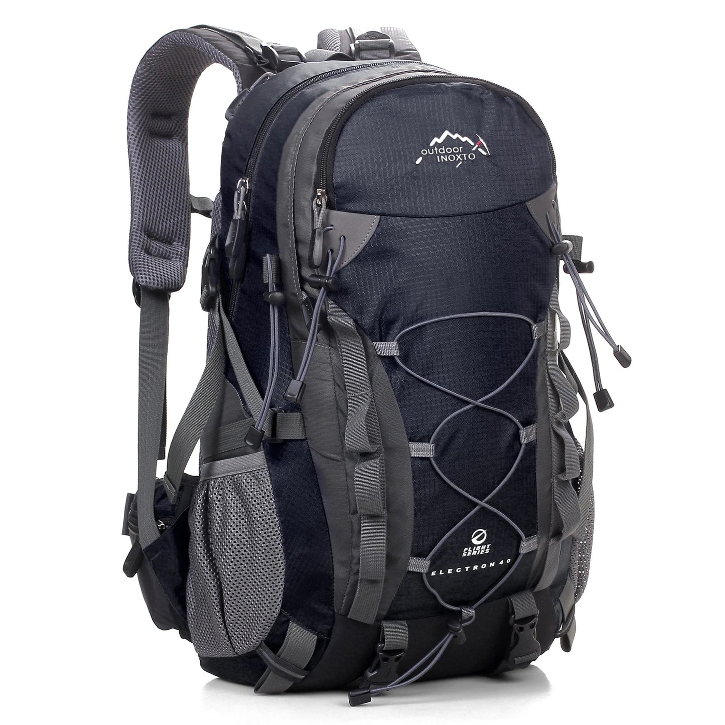 Schwarzer Outdoor-Rucksack, 40L, wasserdicht, mit mehreren Fächern und ergonomischen Trägern.