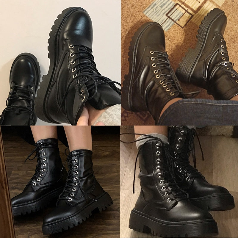 Schwarze Lederstiefel mit dicker Sohle, Schnürung, modisch, robust, Damenstiefel.