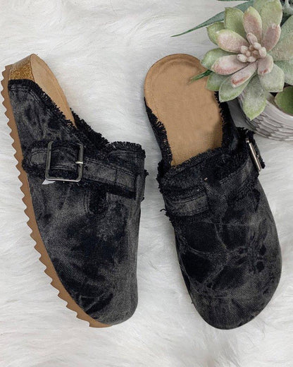 Schwarze Veloursleder-Pantoletten mit Schnalle, Damenmode, auf weißem Hintergrund, Sukkulente.