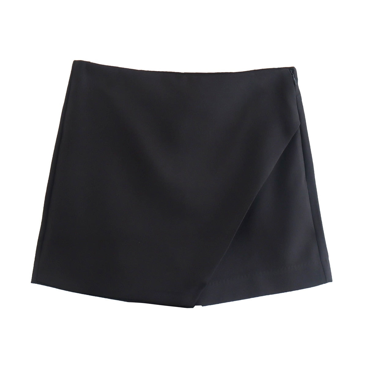 Schwarzer Minirock aus Baumwolle, asymmetrisch, Damenmode, elegant, vielseitig, modern.