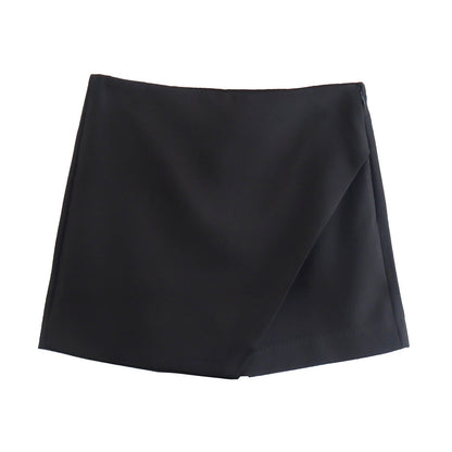 Schwarzer Minirock aus Baumwolle, asymmetrisch, Damenmode, elegant, vielseitig, modern.