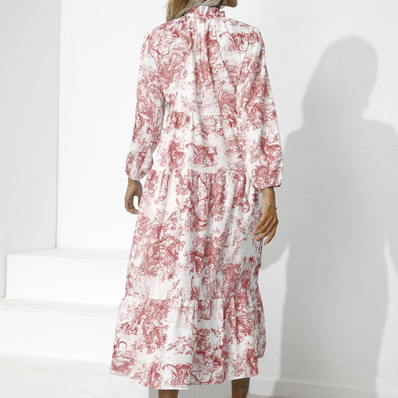Rotes und weißes langes Kleid mit Muster, Damenmode, elegantes Design, Freizeitkleidung.