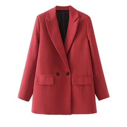 Roter Damenblazer, zweireihig, elegant, Business-Mode, Herbst, Polyester, klassischer Schnitt.