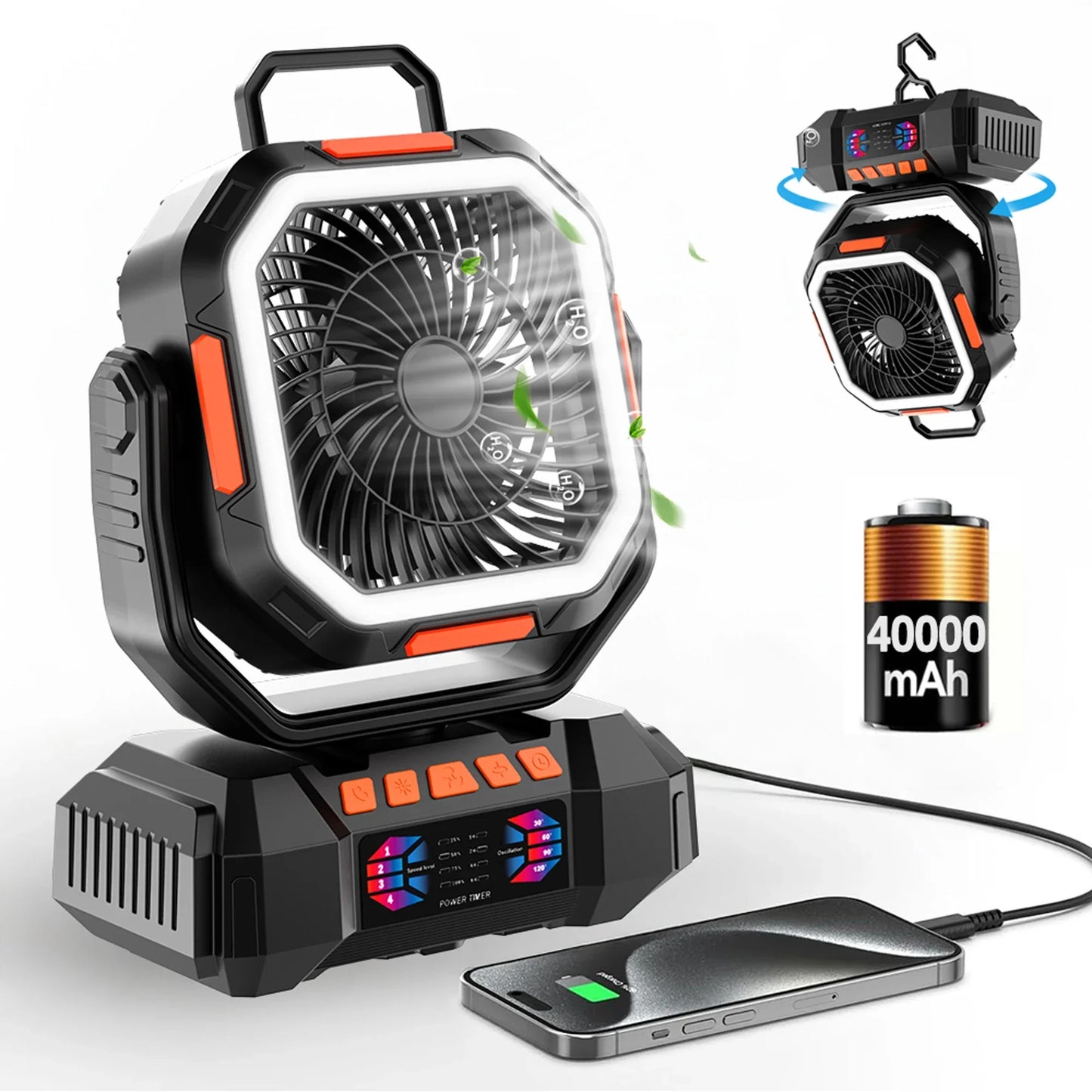 Uppladdningsbar campingfläkt med 40 000 mAh-batteri och LED-lampa – F22