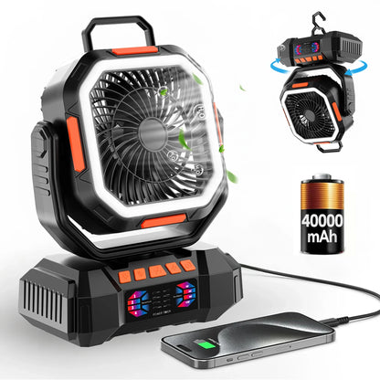 Uppladdningsbar campingfläkt med 40 000 mAh-batteri och LED-lampa – F22