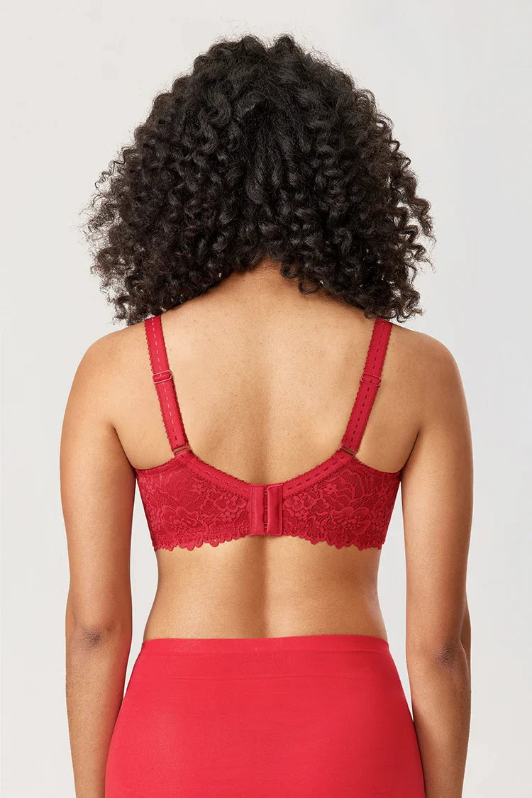 Roter Spitzen-BH für Damen, Rückansicht, verstellbare Träger, bequeme Passform.