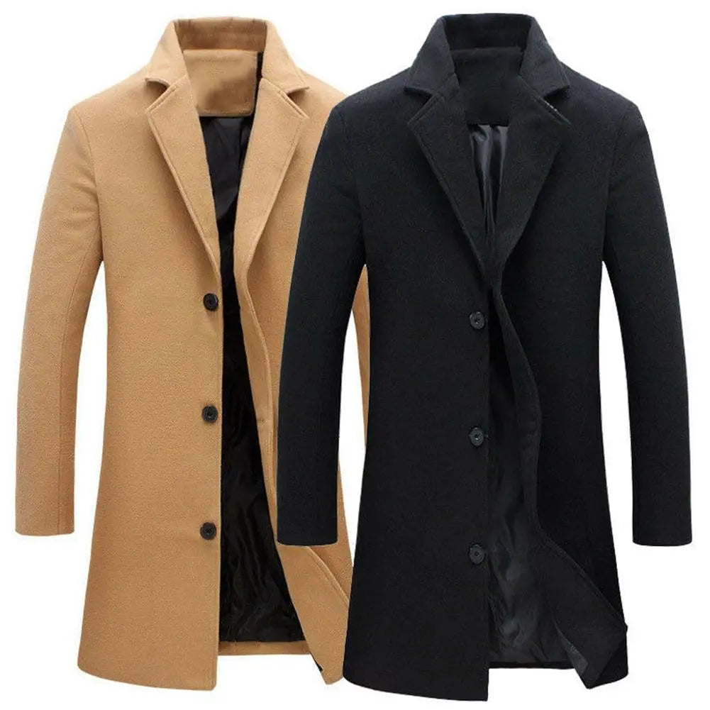 Zwei Herrenmäntel, beige und schwarz, aus Wolle, elegant, klassischer Stil, Herbstmode.