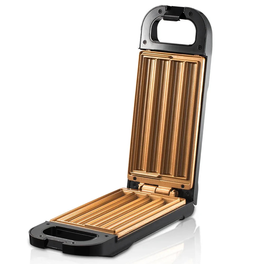 Schwarzer und goldener Sandwichmaker, antihaftbeschichtet, geöffnet, für Panini und Toast.
