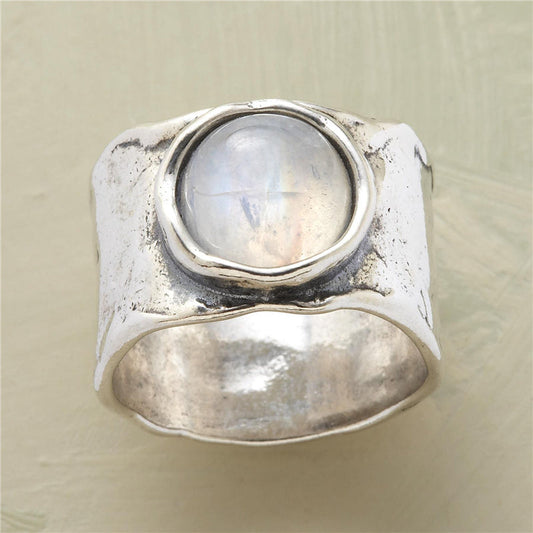 Silberring mit großem Mondstein, handgefertigt, breites Band, Vintage-Stil, Schmuck für Damen.