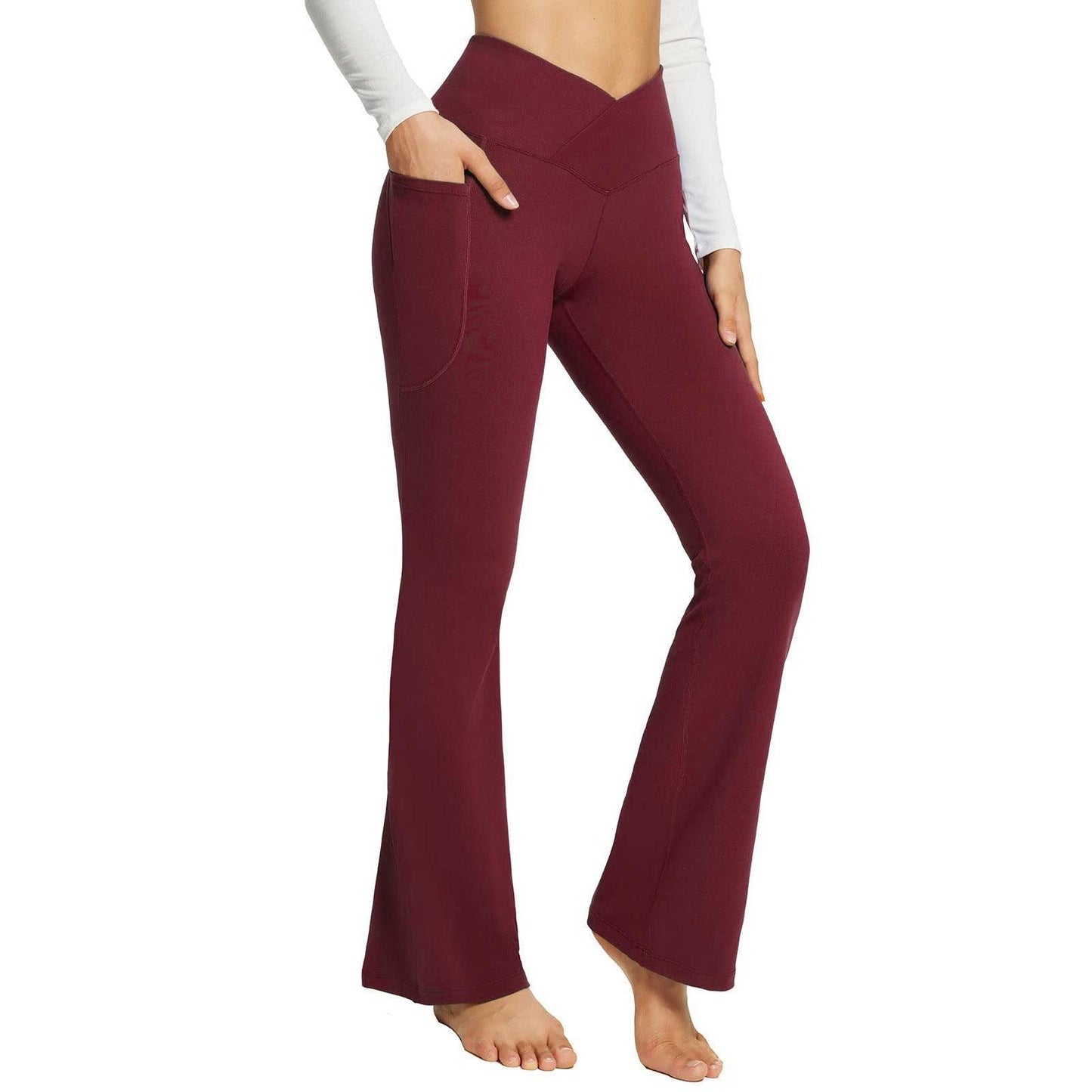 Damen Yogahose bordeaux, Bootcut, mit Taschen, hoher Bund, bequem, elastisch, Sportbekleidung.