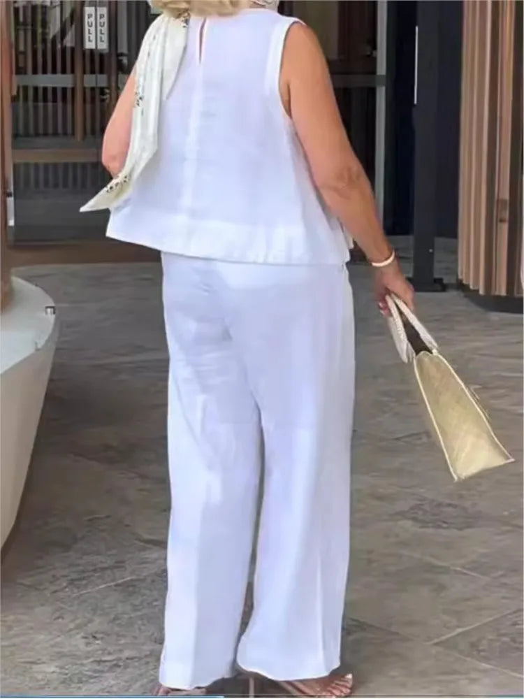 Tvådelad dam sommarset i linne med ärmlös blus – Maelis
