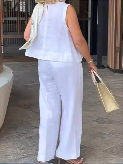 Tvådelad dam sommarset i linne med ärmlös blus – Maelis