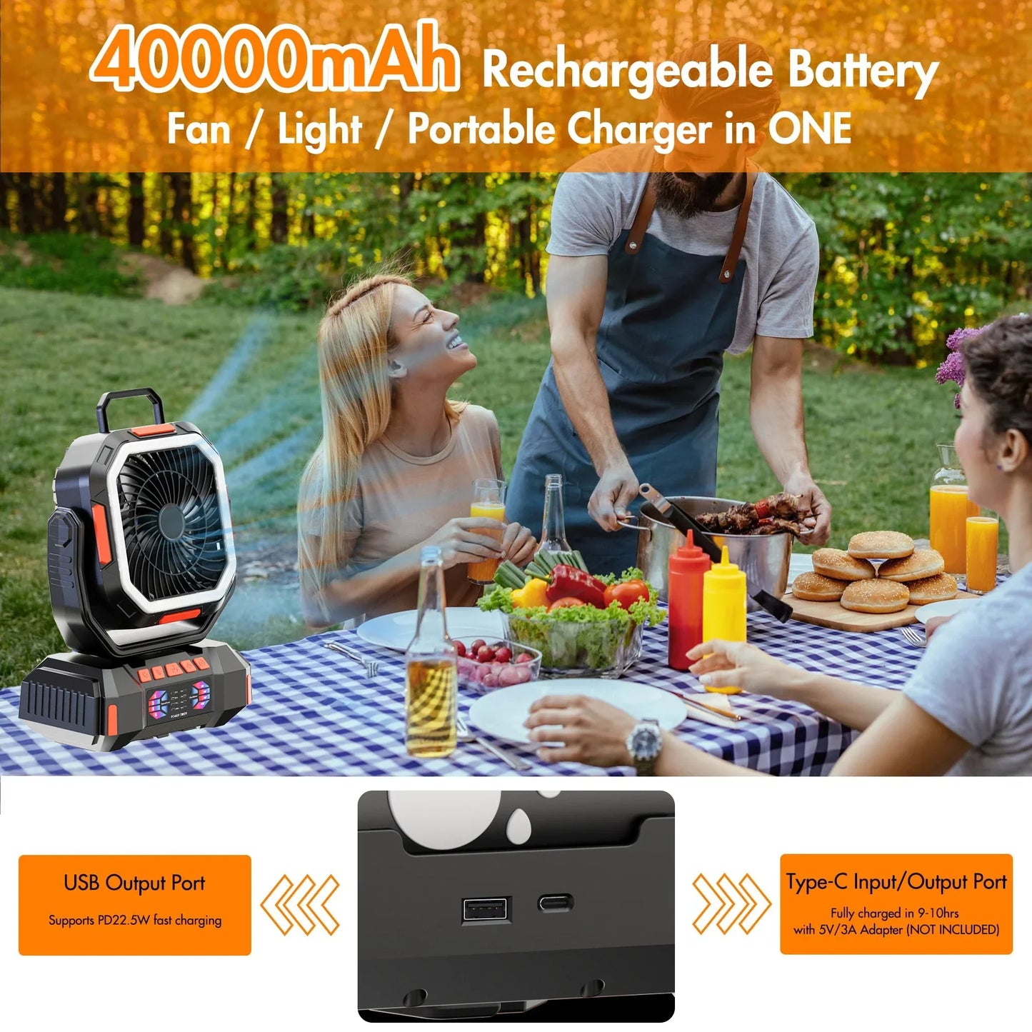 Uppladdningsbar campingfläkt med 40 000 mAh-batteri och LED-lampa – F22