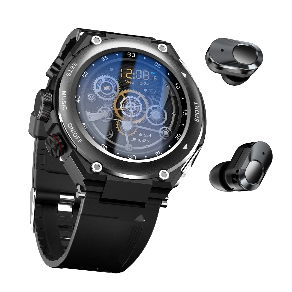 Schwarze Smartwatch mit Zahnrädern und kabellosen Ohrhörern, modernes Design, digital.