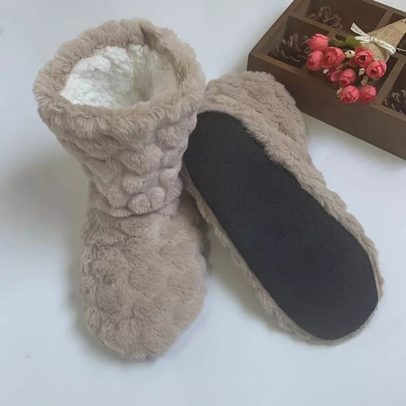 Beige Plüsch-Hausschuhe mit rutschfester Sohle, warmes Futter, Damen Wintermode.