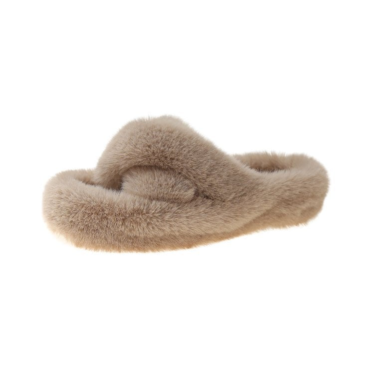Beige Damen Hausschuhe aus Kunstfell, flauschig, rutschfest, bequem, modisch.