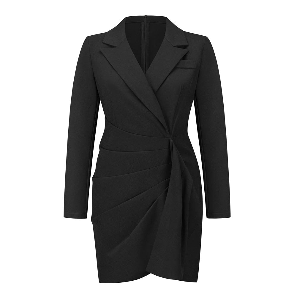 Schwarzes Damenkleid, langärmelig, elegantes Design, knielang, für Abendveranstaltungen.