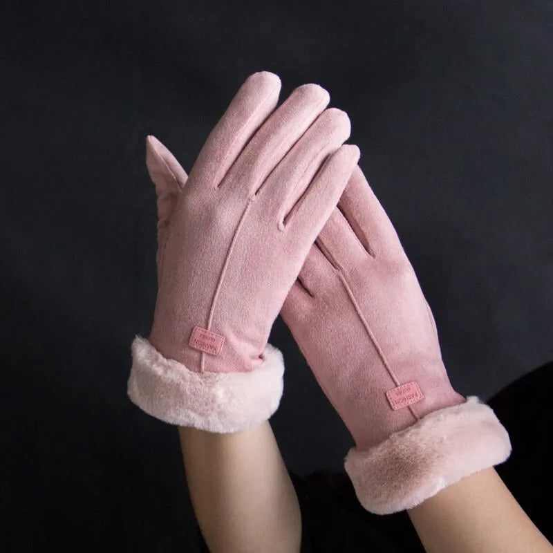 Rosa Damenhandschuhe aus Wildleder mit Kunstfellfutter, elegant und warm für den Winter.