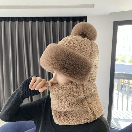Damen Wintermütze mit Schal, beige, Kunstpelz, warm, modisch, Outdoor, Accessoire.