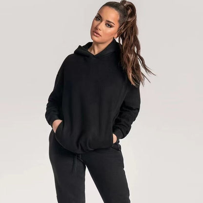 Schwarzer Damen-Hoodie, lässig, bequem, Kapuze, langärmelig, Freizeitmode, Baumwolle.