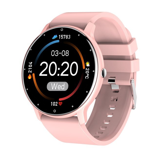 Rosa Smartwatch mit rundem Display, Fitness-Tracker, Herzfrequenzmesser, Silikonarmband.