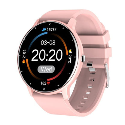 Rosa Smartwatch mit rundem Display, Fitness-Tracker, Herzfrequenzmesser, Silikonarmband.
