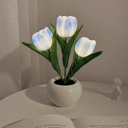 Künstliche Tulpenlampe in Weiß, LED-Leuchten, dekorative Tischbeleuchtung, Keramikvase.