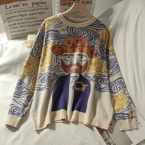 Bunter Pullover mit Van Gogh-Motiv, Baumwolle, Unisex, Kunst-inspiriertes Design, modisch.