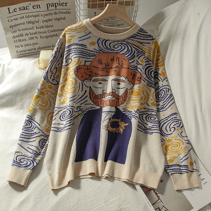 Bunter Pullover mit Van Gogh-Motiv, Baumwolle, Unisex, Kunst-inspiriertes Design, modisch.