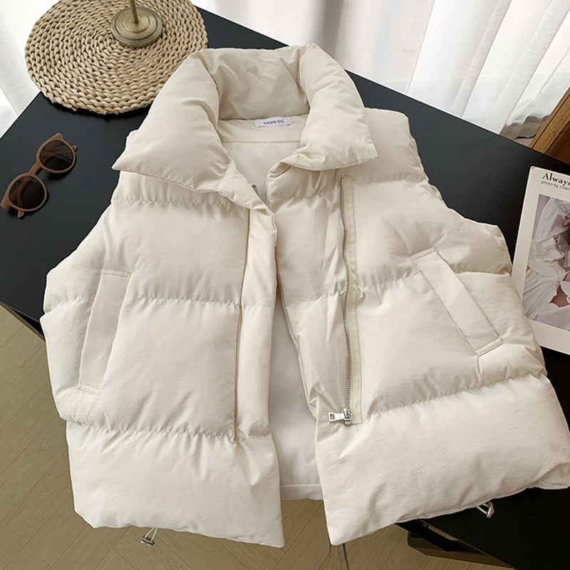 Weiße Daunenweste, ärmellos, mit Reißverschluss, modisch, warm, für Damen, Herbst/Winter.
