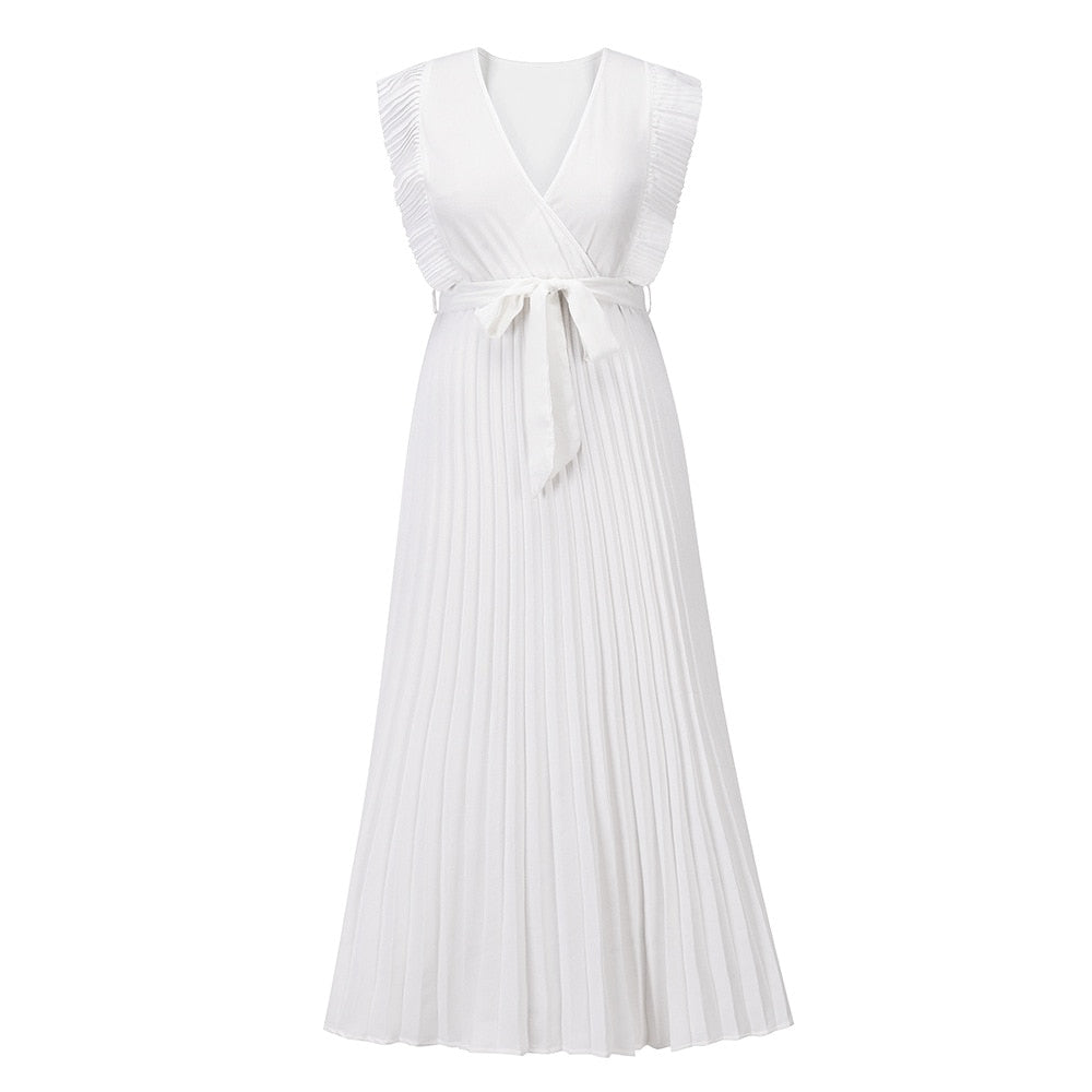 Ärmelloses weißes Maxikleid mit Plissee, V-Ausschnitt und Bindegürtel für Damenmode.