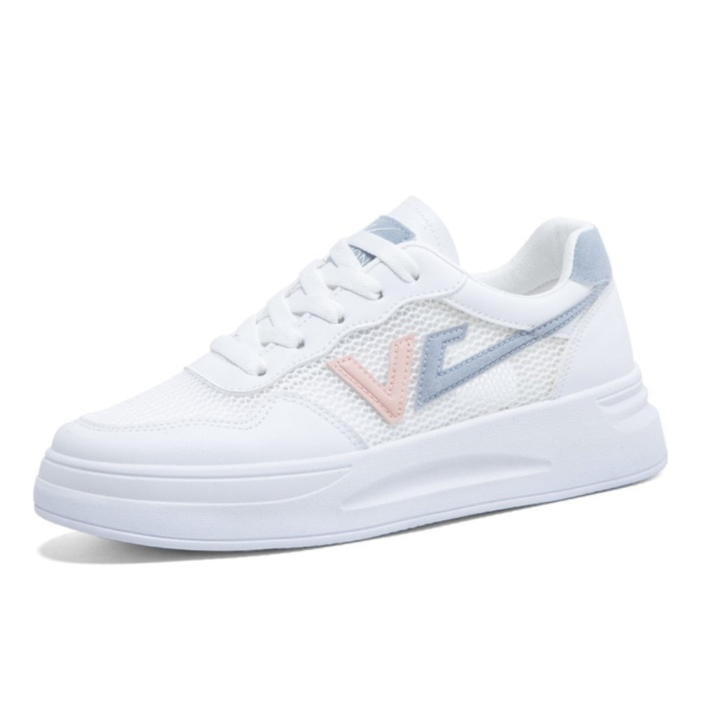 Weiße Damen-Sneaker, Mesh, rosa und blaue Details, modisch, bequem, Freizeitschuh.