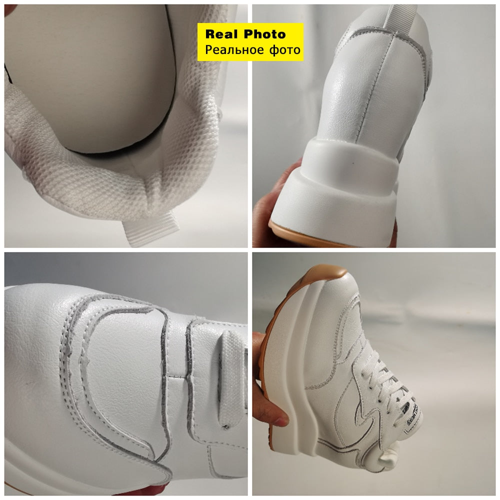 Weiße Sneaker aus Leder, dicke Sohle, sportlich, modisch, Unisex, Nahaufnahme.