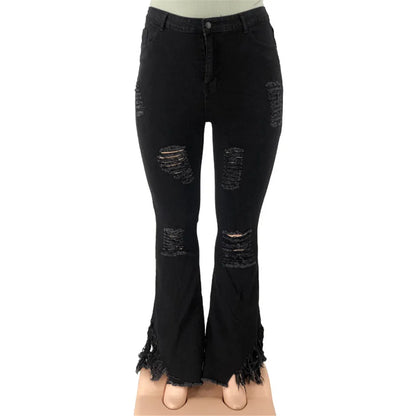 Schwarze Damen-Jeans mit Schlag, zerrissenem Design, hoher Taille, modisch, Baumwolle.