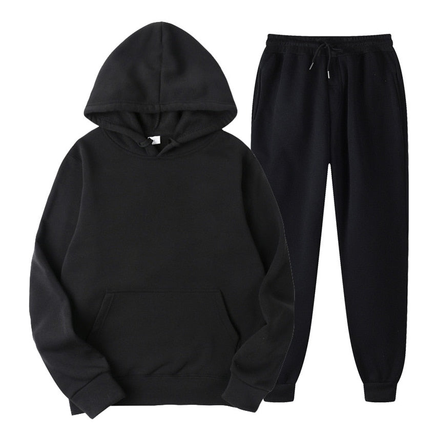 Schwarzer Kapuzenpullover und Jogginghose Set, Unisex, Baumwolle, bequem, Freizeitkleidung.
