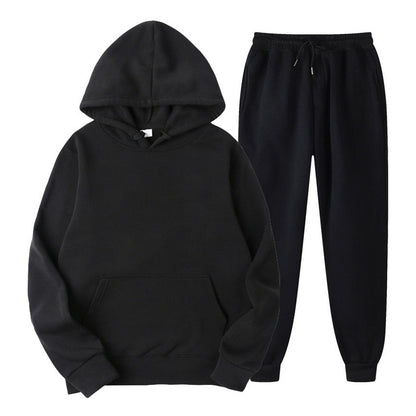 Schwarzer Kapuzenpullover und Jogginghose Set, Unisex, Baumwolle, bequem, Freizeitkleidung.