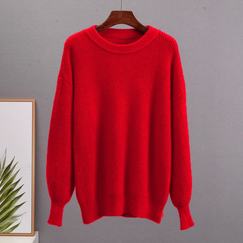 Roter Damenpullover aus Wolle, Rundhalsausschnitt, langärmelig, gemütlich, modisch.