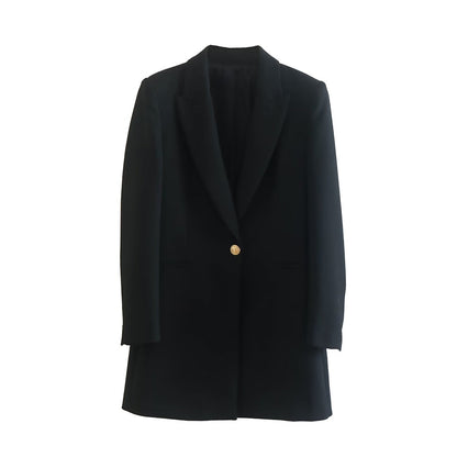 Schwarzer Damenblazer mit goldenen Knopf, elegantes Design, Businessmode, klassischer Schnitt.
