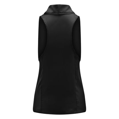 Schwarze ärmellose Damenweste, elegantes Design, Polyester, Rückansicht.