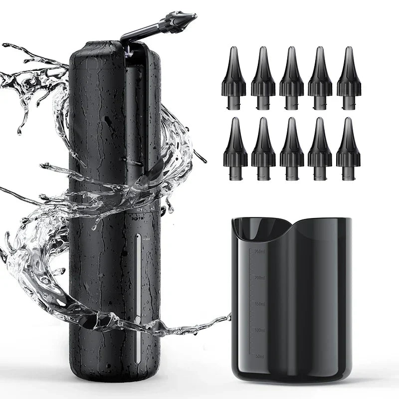 Schwarze elektrische Munddusche mit 10 Düsen und Wasserbehälter, tragbar, wasserdicht.