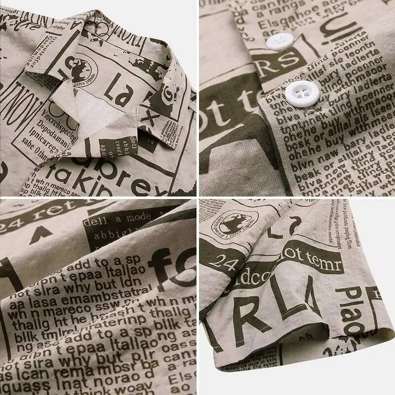 Herrenhemd mit Zeitungsdruck, beige, Knopfleiste, Baumwolle, modisch, lässig.