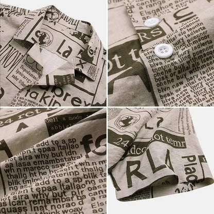 Herrenhemd mit Zeitungsdruck, beige, Knopfleiste, Baumwolle, modisch, lässig.
